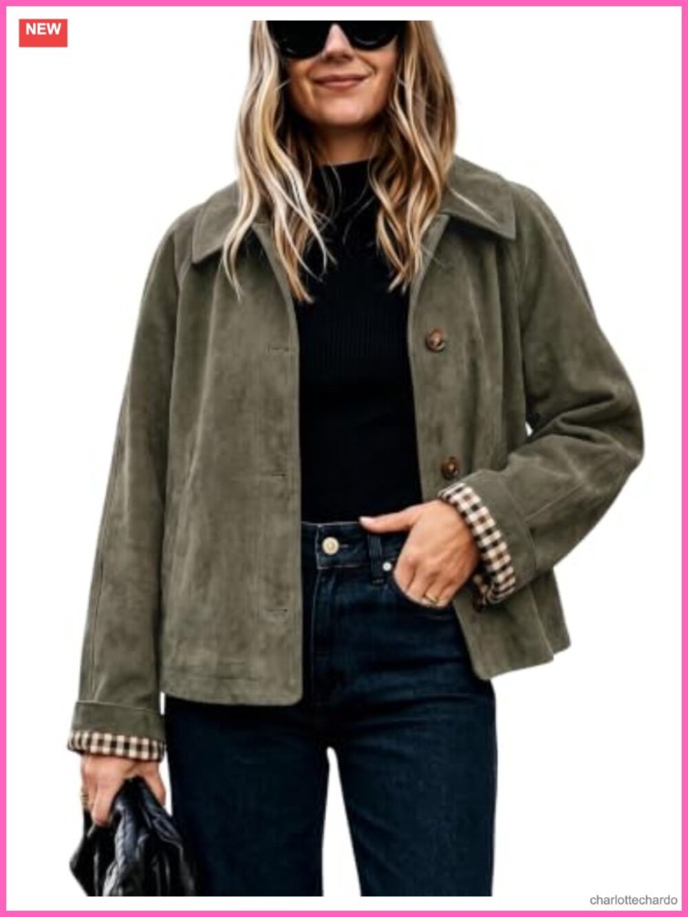 Faux Suede Cropped Trench Coat Plaid Lined Cuffs Relaxed Fit